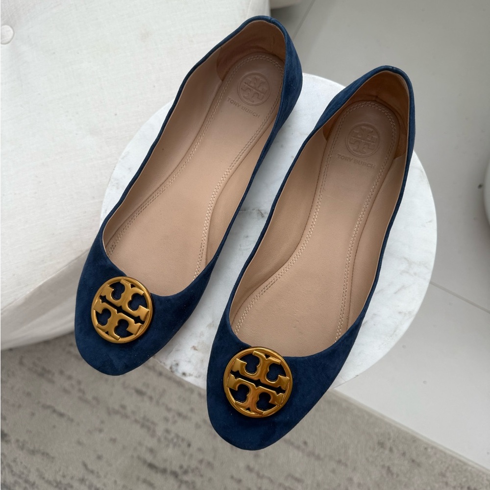 Tory Burch Dark Blue Suede Loafers with Gold Emblem